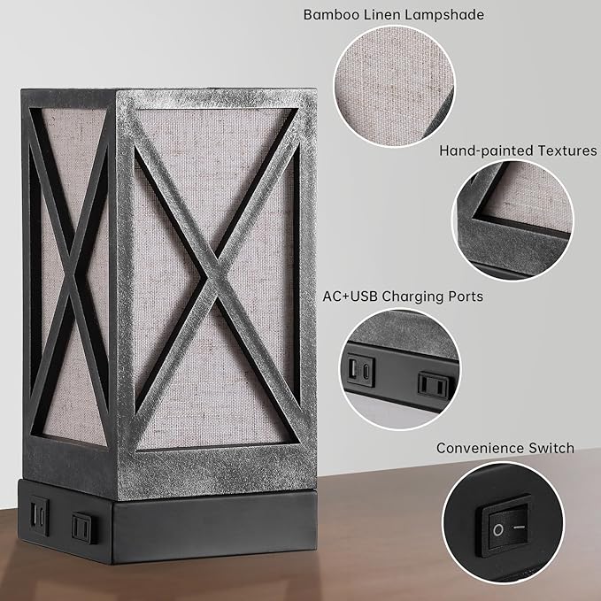 Table Lamp, Set of 2 Rustic Farmhouse Nightstand Lamps, 3 Color Temperatures Desk Lamp with USB Charging Ports AC Outlet Vintage Lamp for Living Room Bed Room, Pewter - Bloomnest