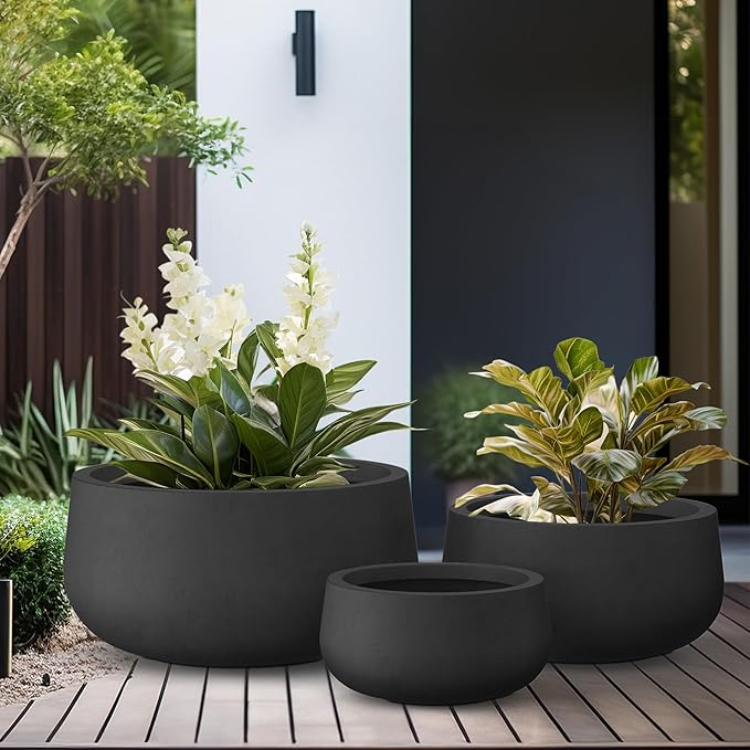 Kante 19.6",15.7",11.8" Dia Round Concrete Planters Set of 3, Outdoor Indoor Garden Plant Pots with Drainage Hole and Rubber Plug, Modern Curvaceous Design, Black - Bloomnest