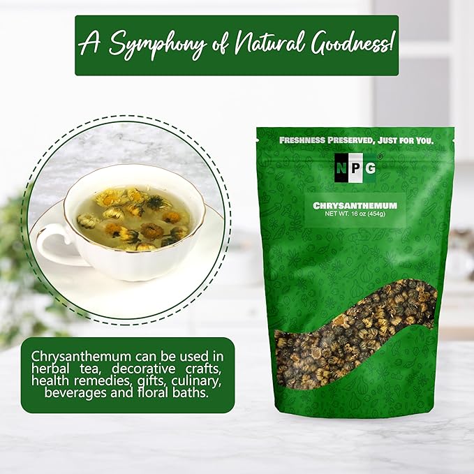 NPG Chrysanthemum Bud Tea 16 Oz, Premium Dried Chinese Tai Ju Flowers, Juhua Herbal Tea, Caffeine-Free, Non-GMO Loose Leaf with Floral Fragrance, Sweet and Refreshing Flavor for Relaxation - Bloomnest
