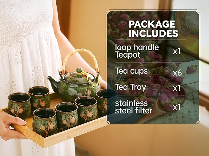 Traditional Japanese tea set, Kiln altered glaze Porcelain tea set with 1 Teapot, 6 Tea cups, 1 Tea Tray,Japanese teapot set, Asian tea sets (Kiln altered-Green) - Bloomnest