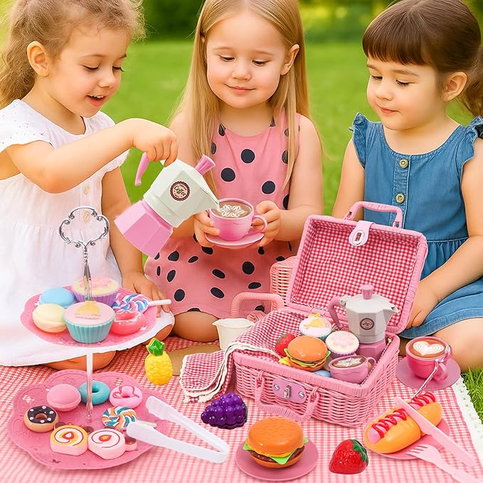 Pink Pretend Afternoon Tea Party Set with Storage Basket, Play Food & Accessories for Girls, Tea Party Set for Toddlers Indoor Outdoor Pretend Play, Kids Picnic Basket Toy Gift for Ages 3-8 - Bloomnest