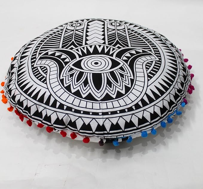 CRAFT KALA 32" Large Round Bohemian Floor Pillow Pouf Cover Mandala Meditation Room Pillow Cover for Adults Boho Seating Poufs Cushion Cover for Kids Playroom Black Hamsa Hand - Bloomnest