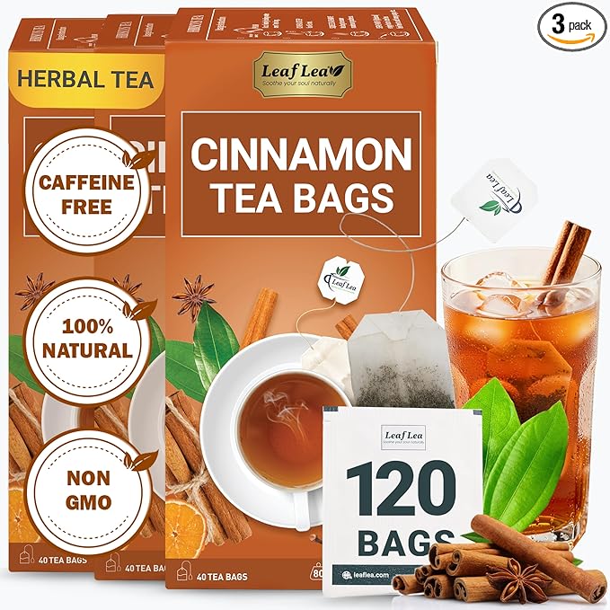 LeafLea 120 Cinnamon Tea Bags, Premium Herbal Tea with Ground Cinnamon Sticks, Spiced and Soothing Flavor for Relaxation, Caffeine-Free, Sugar-Free, Non-GMO, Vegan - Bloomnest