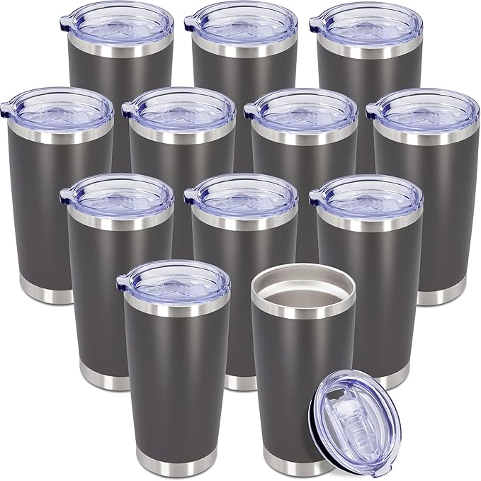 20 oz Tumbler Coffee Travel Tumblers Bulk with Lid Stainless Steel Double Wall Vacuum Insulated Mug Powder Coated Cups fit Car Cupholder for Hot and Cold - Grey, 12Pack