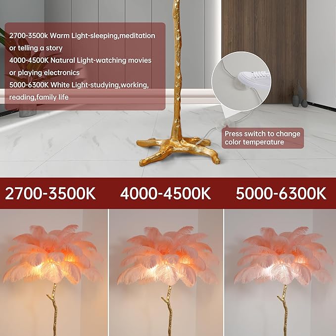 MAYOLA Luxury Resin Ostrich Feather Lamp, 35 Pieces Real Ostrich Feathers,Floor Light for Living Room, Bedroom and Office 67” Tall Feather Lamp(Pink, Floor Lamp) - Bloomnest