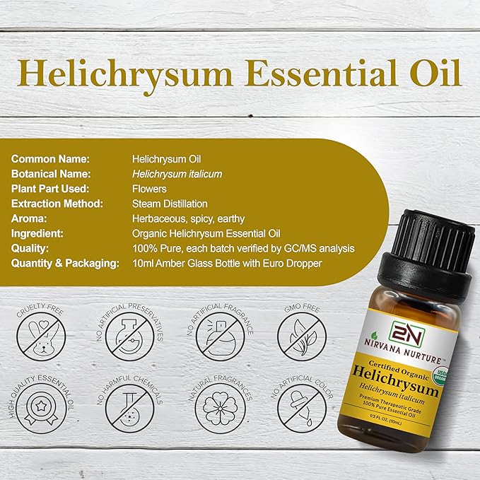 Helichrysum Essential Oil, USDA Certified Organic, 100% Pure Undiluted, Aromatherapy Oil for Diffuser, Hair & Skin Care NirvanaNurture