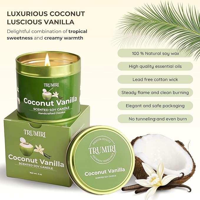 Coconut Vanilla - Aromatherapy Candles for Home Scented - 5oz Natural Soy Wax Clean Organic Non Toxic - Long Lasting Highly Scented with Essential Oils - Gifts for Women Relaxing Spa Beach Bathroom TRUMIRI