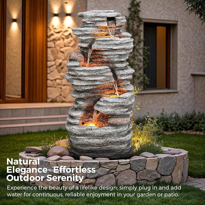 40" Outdoor Water Fountain with LED Lights - 5-Tier Cascading Rock Waterfall Fountain, Natural Rock Look, Ideal for Garden, Landscaping, Patio, Balconies and Yard Decor - Bloomnest