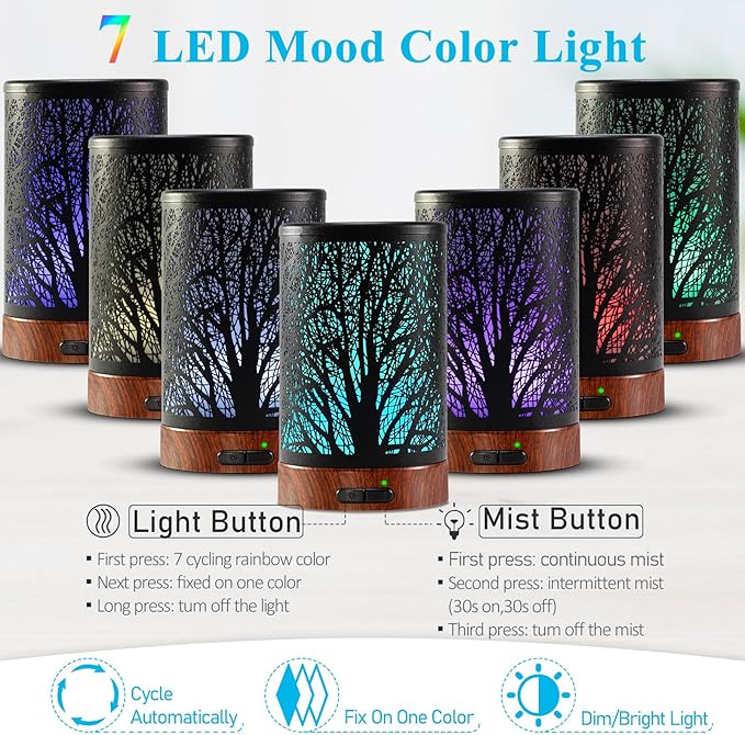 Essential Oil Diffuser - 150ML Metal Aromatherapy Diffuser for Essential Oils with 7 Colors Lights Gifts for Mom Auto Shut-Off & Ultrasonic Cool Mist Diffuser, Ambience for Home - Bloomnest