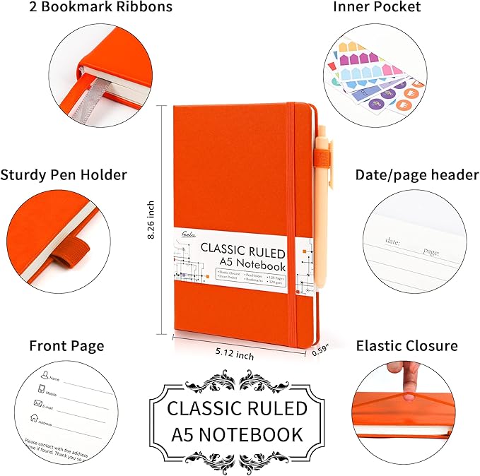 feela 24 Pack Journal Notebook for Work, Business Notebook Bulk Hardcover Lined Writing Journal with Pen Holder for Men Women Note Taking, with 24 Black Pens, 120 GSM, 5.1”x8.3”, A5, Orange - Bloomnest