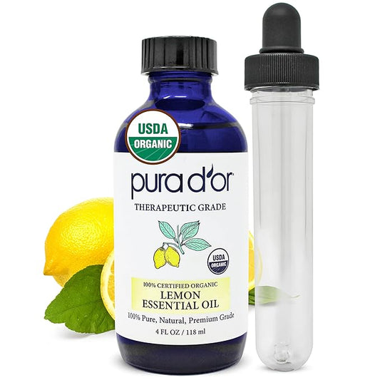 PURA D'OR Organic Lemon Essential Oil (4oz with Glass Dropper) USDA Certified 100% Pure & Natural Therapeutic Grade Diffuser Oil Citrus Scented for Aromatherapy, Mood Uplift, Energy, Focus - Bloomnest