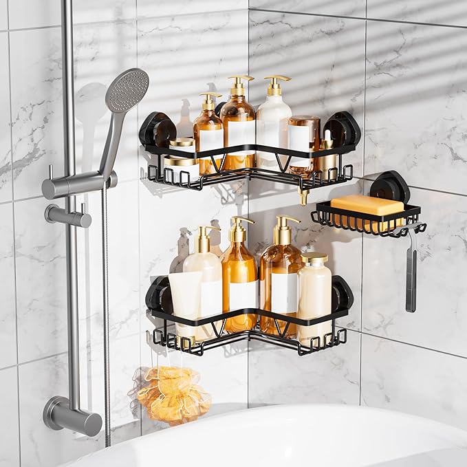 KEGII Corner Shower Caddy Suction Cup, Corner Shower Shelves with Soap Holder, No Drilling Suction Cup Bathroom Organizer with Hooks, Removable Bathroom Storage Rack, 3 Pack - Black - Bloomnest
