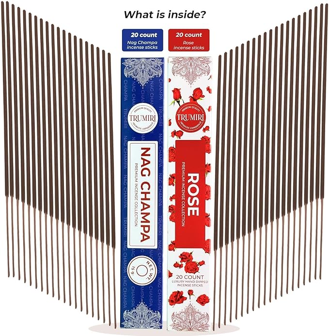Trumiri Incense Sticks - Combo Pack of 35 Insence-Sticks - 15 Nag Champa + 20 Rose - Insenses - Insents - Incents - Inscense - Incence - Incienso - All Natural Incense Sticks TRUMIRI