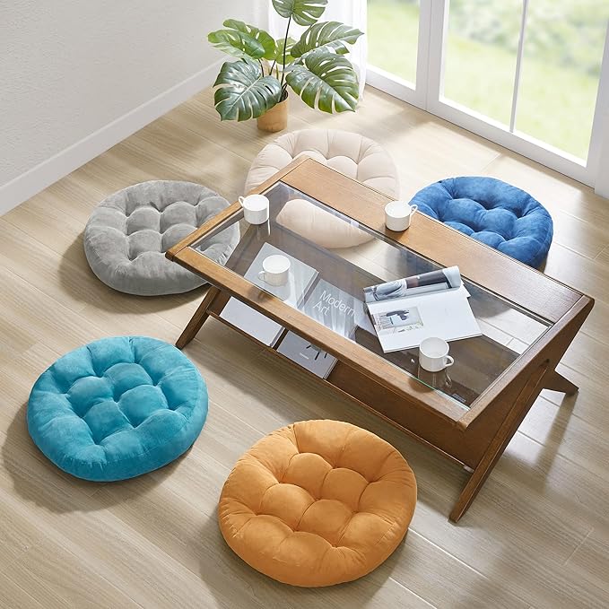 Meditation Floor Pillow Set of 2, Round Large Pillows Seating for Adults, Tufted Corduroy Cushion for Living Room Tatami, Beige 22 Inch