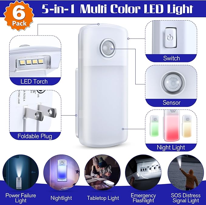 Enhon Emergency Power Failure Night Lights, 5-in-1 Multi Color LED Light, Rechargeable Flashlight with Foldable Plug, Automatic On Off Motion Sensor for Bedrooms, Hallways, Black Outs (6 Pack) - Bloomnest