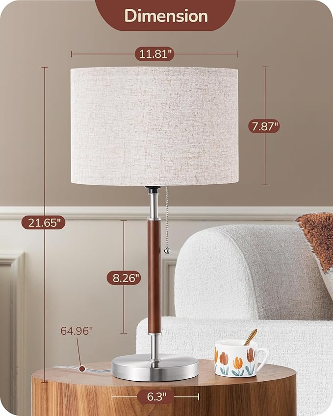 EDISHINE Mid Century Table Lamp, Solid Wood and Metal Bedside Lamp with Pull Chain Switch & Beige Linen Shade, Retro Nightstand Lamp for Bedroom Living Room End Table, E26 Base - Bloomnest