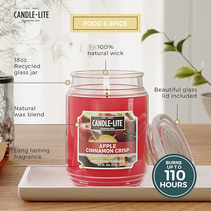 Candle-lite Fall Scented Candles, Apple Cinnamon Crisp, 18 oz Jar, Proudly Poured in The USA, Aromatherapy Candle, Single-Wick with 110 Hours of Burn Time, Perfect for Creating an Inviting Ambiance - Bloomnest