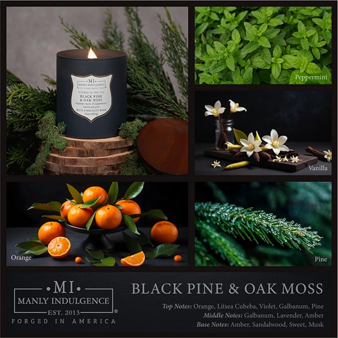 Manly Indulgence Black Pine Oakmoss Scented Candles for Men, 15 oz Wooden Wick, Premium Soy Blend Wax, 60H Burn, Candles for Home Scented - Made in The USA - Bloomnest