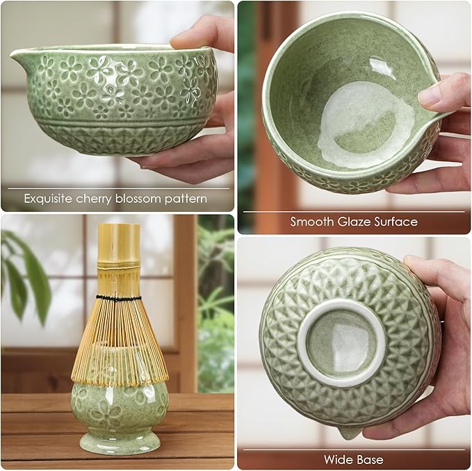 7Pcs Matcha Whisk Set, Ceramic Matcha Bowl with Spout, Bamboo Whisk and Holder,Bamboo Scoop,Scoop Rest,Sifter,Tea Towel, Matcha Kit with Cherry Blossom Carved Patterns for Matcha Lovers (Sakura Green) - Bloomnest