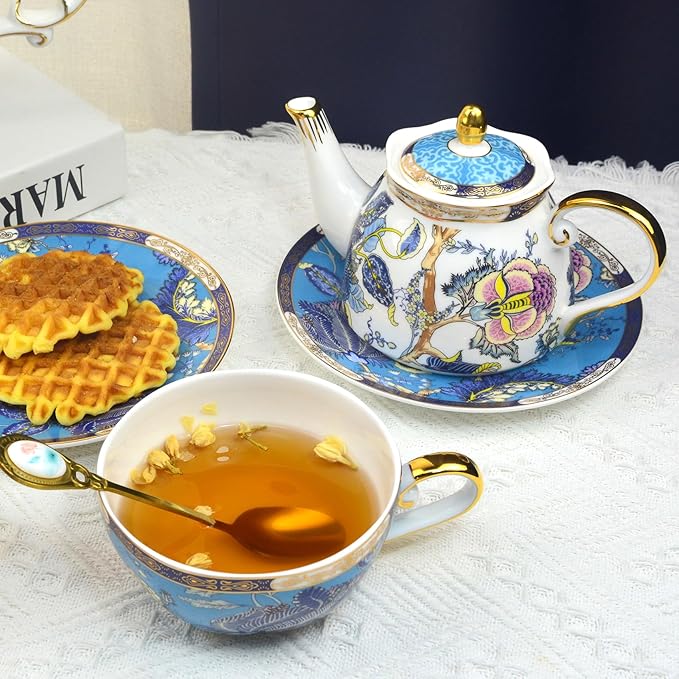 ACMLIFE Tea for One Teapot and Cup, Vintage Floral Porcelain Tea Set for One, Bone China Teapot with Cup Set, Tea Pot Gift for Women (Blue-A) - Bloomnest