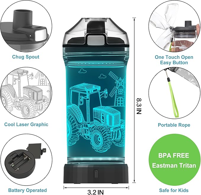 Kids Tractor Water Bottle with 3D LED Light, Glow in The Dark Gifts Ideal Travel Cup for School Boy Girl Child, Birthday Holiday Camping Picnic with Tritan BPA Free (Tractor 14 Oz) - Bloomnest
