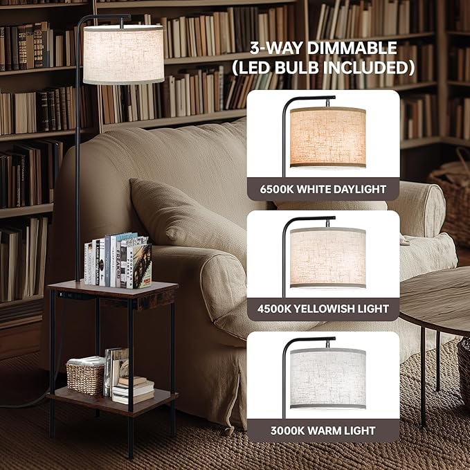 Floor Lamp with Table & Drawers, End Table Lamp with USB Charging Portt Power Outlet and Shelves, Side Table Reading Light with 3 Color Temperature Led Bulb Included for Living Room, Yellow - Bloomnest