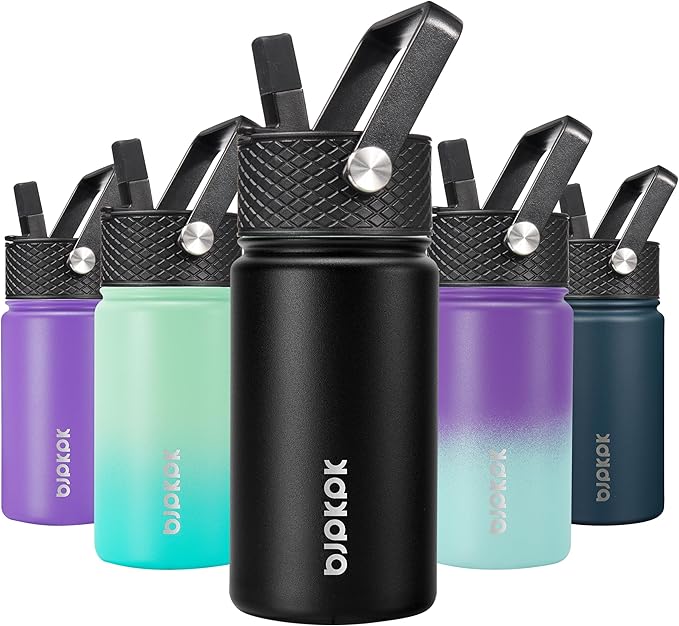 BJPKPK Water Bottle with Straw Lid, 15 oz Insulated Water Bottle, Stainless Steel Metal Water Bottles, Reusable Leak Proof BPA Free Thermo, Flask, Cups, Macaron-Black - Bloomnest
