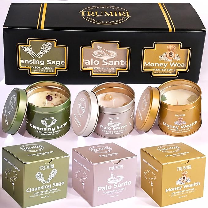 Cleansing Sage, Palo Santo, Money Wealth - Soy Candles Non Toxic - Highly Scented Long Lasting with Essential Oils - Variety Pack of 3 x 5oz - for Home Aromatherapy Meditation Gift Travel TRUMIRI