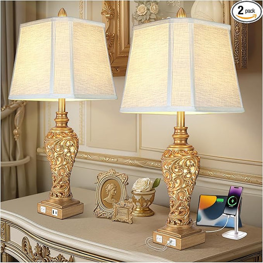 Vintage Table Lamps Set of 2, 28.5'' Tall Antique Gold Bedside Lamps with Fabric Shades, USB A+C Charging Ports & Night Light, Farmhouse Nightstand Lamps for Bedroom Living Room Office (Bulb Included) - Bloomnest