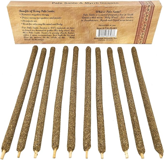 New Age Imports, Inc~ Premium Palo Santo & Myrrh 7-8" Size Incense Sticks. Great for Meditation, Smudging, Spiritual Cleansing. (10 Sticks Pack) NewAgeImportsInc