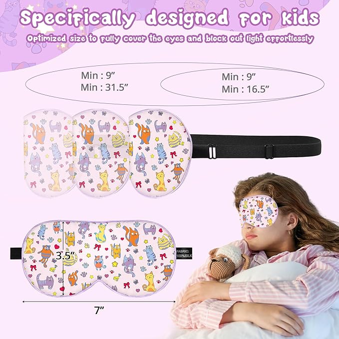 Kids Sleep Mask Eye Cover: 100% Real Natural Pure Silk Eye Mask with Adjustable Strap, Funny Blindfold Kids Eye Mask for Sleeping, Soft & Lightweight Eye Shade for Boys Girls Teens (Cats Style) - Bloomnest