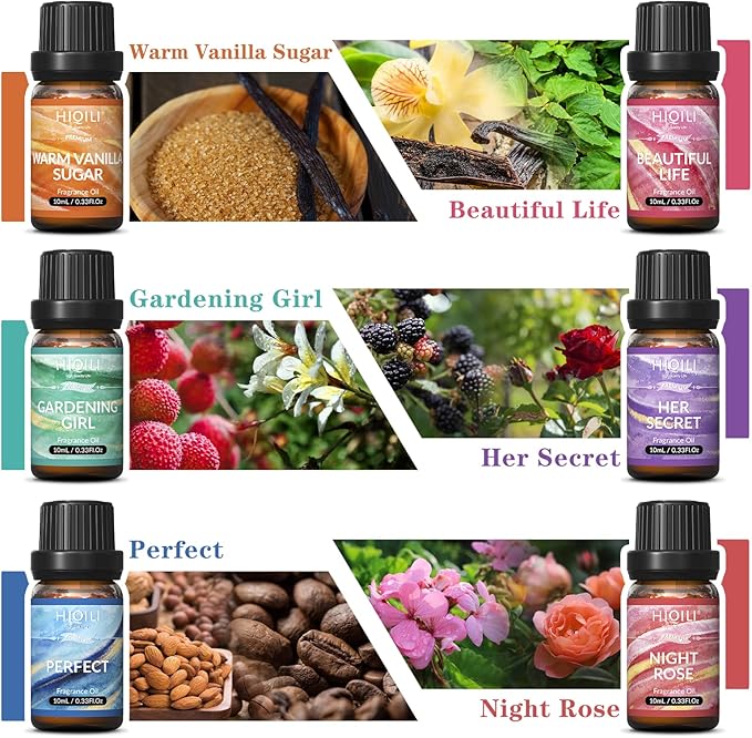 HIQILI Women Fragrance Oil 6x10ml, Essential Oils for Candle Scents Soap Making & Diffuser, Sweet Flowers Scented Oil Set for Aromatherapy Slime Wax Home Car - Bloomnest