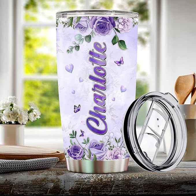 Personalized Elephant Tumbler Customized Name Elephants Mug Gift Mugs Funny Gifts For Adults Purple Flowers Cups 20oz Insulated Stainless Steel Coffee Cup With Lid - Bloomnest