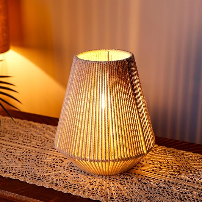 JHY DESIGN Woven Lampshade Table Lamp 8"H Cotton Rope Bedside Lamp Cordless Small Battery Operated Lamp Decorative Bedside Lamp with 6 Hours Timer for Bedroom Living Room Weddings Parties Patio Events - Bloomnest