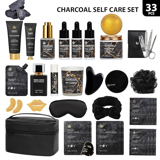 33 Pcs Valentines Day Gifts for Women & Men, Charcoal Hydrating Skin Care Kit, Bath & Body Gift Set, Spa Kit, Leather Bag, Anniversary, Birthday, Christmas, Mothers Day, Father's Day - Bloomnest