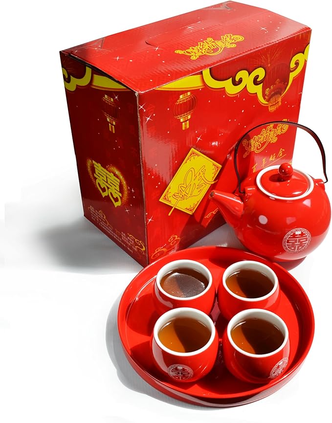 Chinese Tea Gift Set Service Porcelain Tea Pot 4 Cups tray for Adults Men Women Tea Ceremony Wedding Party Home Decor (Double Happiness)
