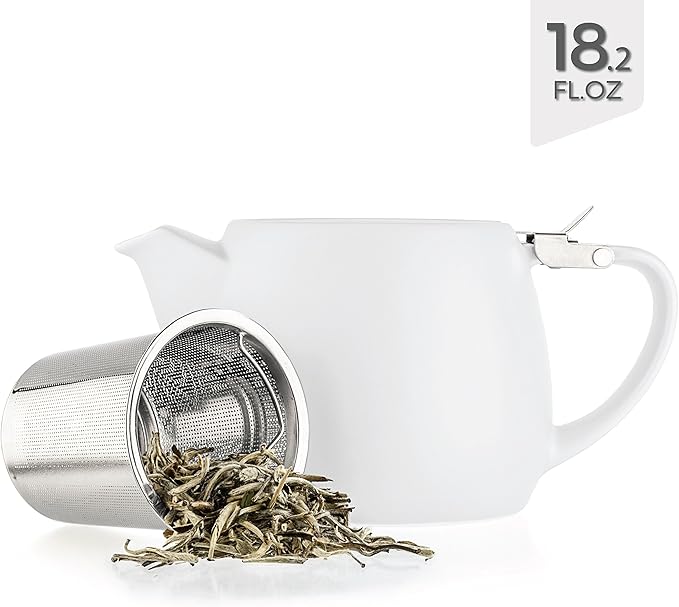Tealyra - Pluto Porcelain Small Teapot White - 18.2-ounce (1-2 cups) - Matte Finish - Stainless Steel Lid and Extra-Fine Infuser To Brew Loose Leaf Tea - 540ml - Bloomnest