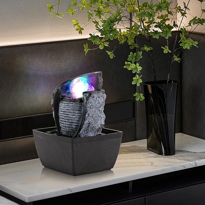 WICHEMI Indoor Fountain Tabletop Fountain Mini Waterfall Fountains Relaxation Water Feature Feng Shui Zen Meditation Desktop Fountain with Rolling Ball for Home Office Indoor Spaces Decor (Style 3)