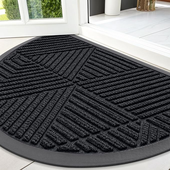 Smiry Half Circle Front Door Mat Outside Entrance, Heavy Duty Sturdy Natural Rubber Doormat, Trap Dirt and Moisture, Low Profile Mats for Indoor Outdoor Entry, Irregular Triangle (47x32, Black) - Bloomnest