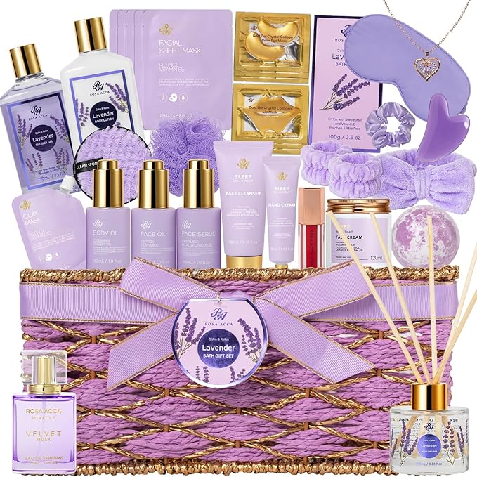 35 Pcs Valentines Day Gifts for Women, Lavender Bath and Body Gift Basket, Facial Skin Care Set, Spa Kit, Self-Care Set, Face Sheet Mask, Necklace, Birthday, Christmas, Mother Day, Anniversary - Bloomnest