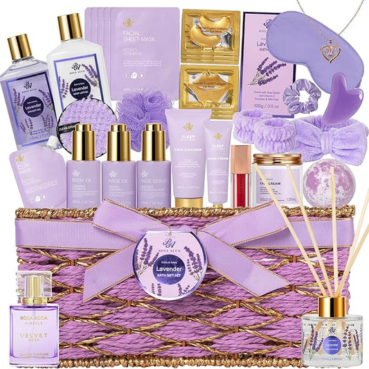 35 Pcs Valentines Day Gifts for Women, Lavender Bath and Body Gift Basket, Facial Skin Care Set, Spa Kit, Self-Care Set, Face Sheet Mask, Necklace, Birthday, Christmas, Mother Day, Anniversary - Bloomnest
