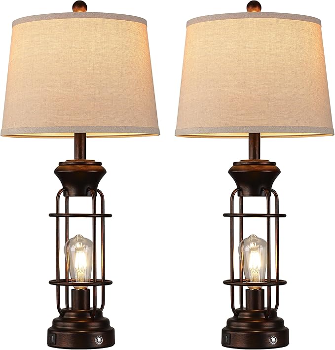 Table Lamps for Living Room Set of 2, 28.5" Farmhouse Lamps for Nightstand with USB C+A Ports, Touch Lamps for Bedroom, LED Bulbs Included - Bloomnest