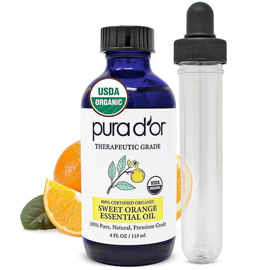 PURA D'OR Organic Sweet Orange Essential Oil (4oz with Glass Dropper) 100% Pure & Natural Therapeutic Grade for Hair, Body, Skin, Scalp, Aromatherapy Diffuser, Energy, Mood, Vitality, Cleansing, Home - Bloomnest