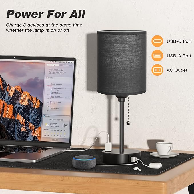 Dicoool Black Bedroom Lamp 3 Color Temperatures - Small Bedside Lamps with USB C and A Ports, Pull Chain Table Lamps with AC Outlet, Black Nightstand Light for Kids Sleeping - Bloomnest