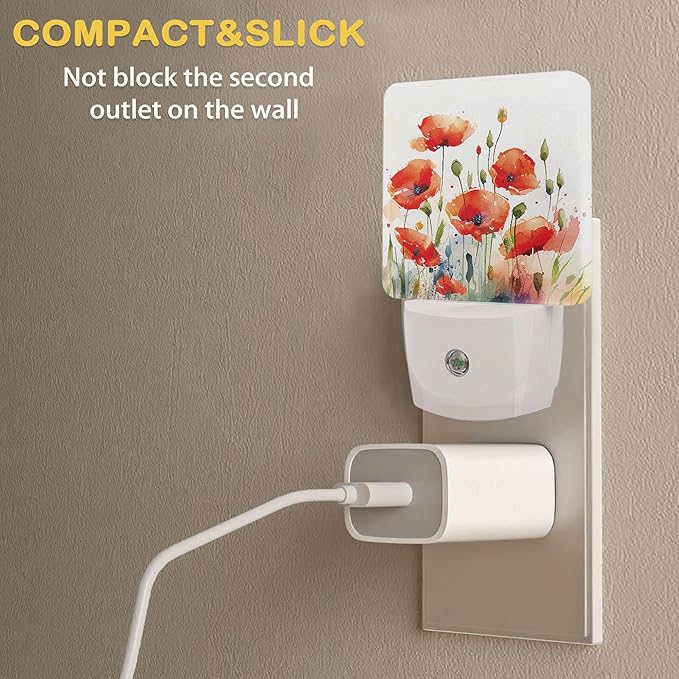 Red Poppy Flowers Night Light, Red Flowers Night Lights Plug Into Wall with Dusk to Dawn Sensor Wall Lamp, Nightlights for Bedroom, Bathroom, Hallway, Kitchen, Gifts Ideal for Girls Women - Bloomnest