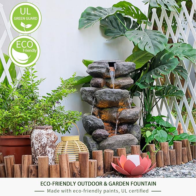 Garden Outdoor Fountains 4-Tier Rock Outdoor Water Fountain with Lights, 28.35" Waterfall Fountain for Garden, Patio, Yard, and Lawn, Natural Stone Look Water Features Outdoor Patio - Bloomnest