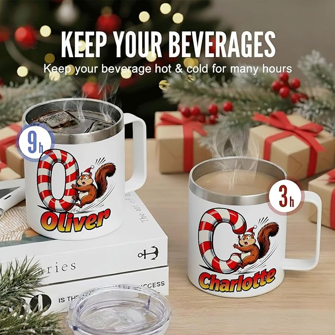 JugJug Personalized Christmas Mug with Candy Cane Initial - Cute Squirrel 12oz Insulated Coffee Cup w/Lid - Sweet Xmas Gifts for Kids, Boys (B177) - Bloomnest