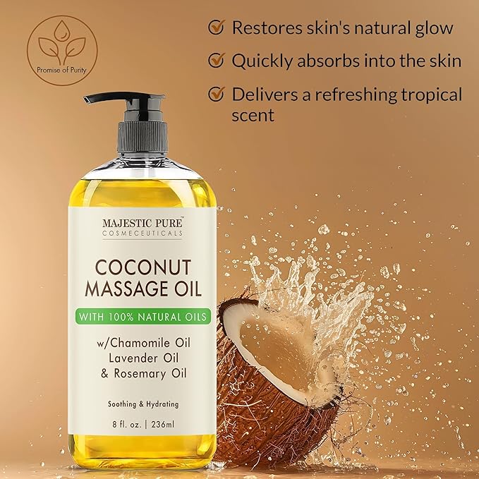 MAJESTIC PURE Coconut Massage Oil for Massage Therapy - Refreshing, and Relaxing - Natural Oils - for All Skin Types - Men and Women - 8 fl oz - Bloomnest