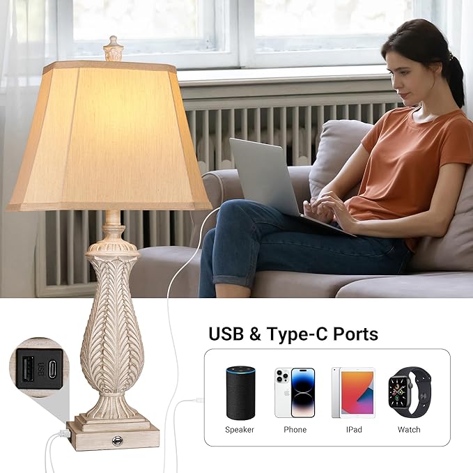 3-Way Dimmable Table Lamps for Bedrooms Set of 2, Light Wood Mermaid Bedside Lamp for Nightstand, 30" H Touch Lamps for Living Room with USB & Type-C Ports, Resin Farmhouse Rustic Lamp with 2 Bulb - Bloomnest