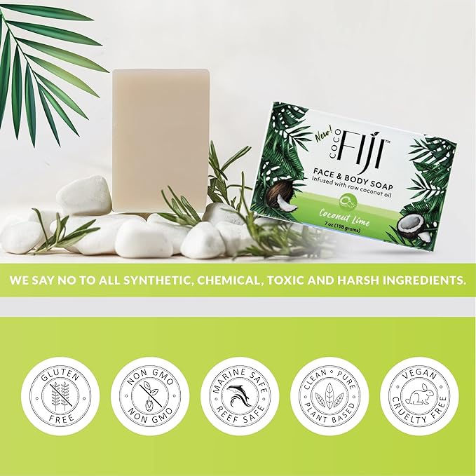 "Coco Fiji Soap Bar for Face and Body Infused With Organic Coconut Oil, Coconut Lime, Essential Oil, Natural Soap for Moisturizing & Pore Purifying Skin, 7 oz, Pack Of 3 "
